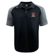 The Chattanooga Queens Rugby Elite Polo by EMB Canterbury is a black and gray short-sleeve polo crafted from lightweight Vapodri fabric, featuring a collar, buttons, and an embroidered "Hoops Dream" logo with red basketball and crown on the chest.