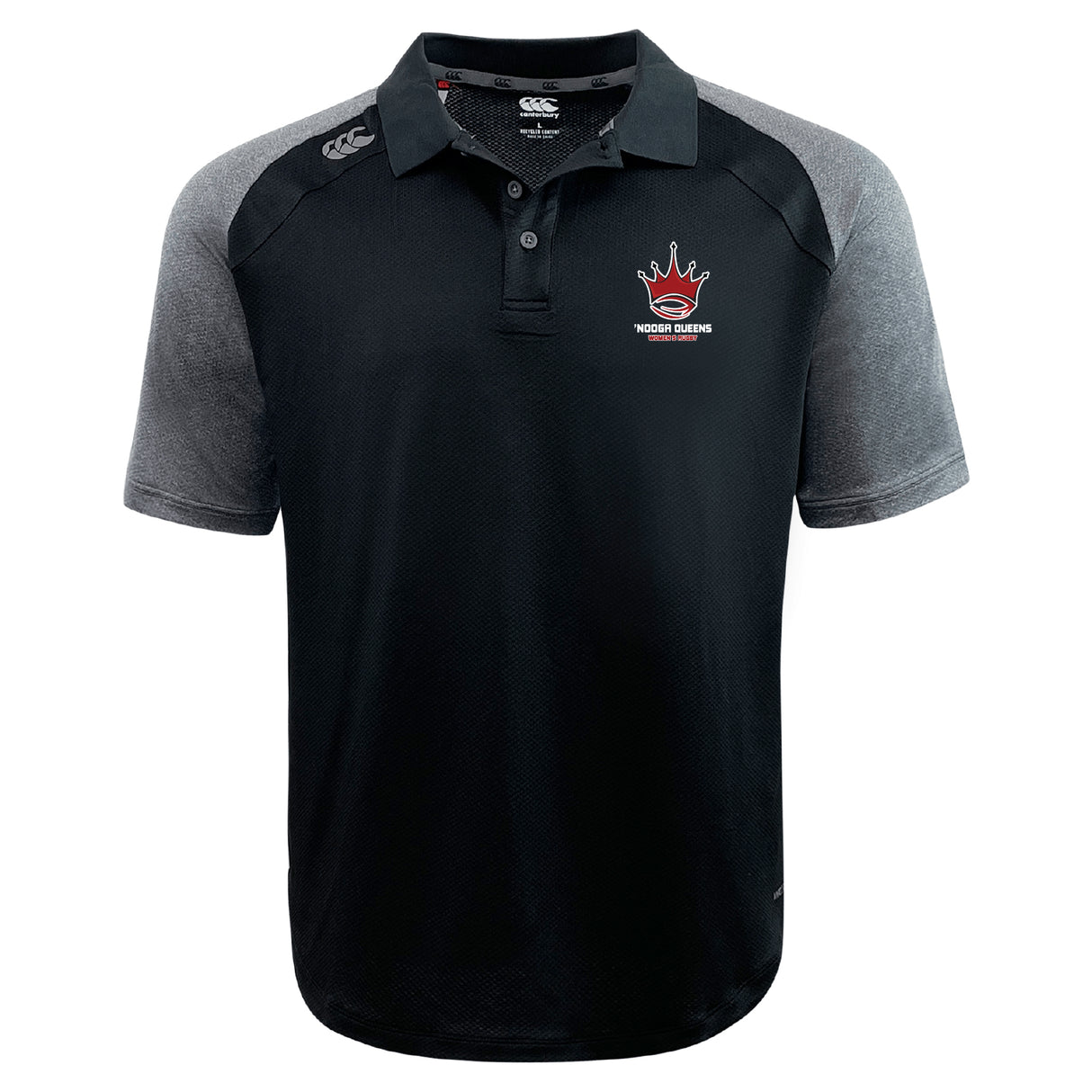The Chattanooga Queens Rugby Elite Polo by EMB Canterbury is a black and gray short-sleeve polo crafted from lightweight Vapodri fabric, featuring a collar, buttons, and an embroidered "Hoops Dream" logo with red basketball and crown on the chest.