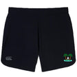 The Twin Island Rugby Elite Woven Short by EMB Canterbury features zippered pockets, a small twin palm and surfer logo, and a white CCC logo on the left leg—ideal for secure storage during training.