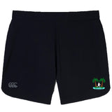 The Twin Island Rugby Elite Woven Short by EMB Canterbury features zippered pockets, a small twin palm and surfer logo, and a white CCC logo on the left leg—ideal for secure storage during training.