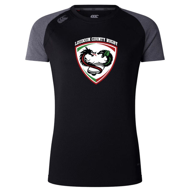 This Loudoun Women's Elite Training Tee by Canterbury, in black and gray, is made from lightweight recycled polyester and showcases a striking dragon design as part of the Loudoun County Rugby logo on the chest. Ideal for elite training with its robust style, this tee keeps you cool and comfortable thanks to Vapodri technology.