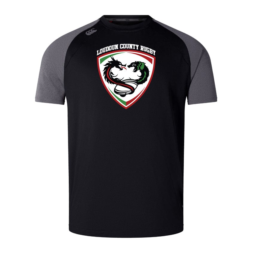 The Loudoun Elite Training Tee by WRS Canterbury is a black and gray rugby jersey showcasing a dragon emblem and "Loudoun County Rugby" text on the chest, designed with Vapodri fabrics for optimal performance.