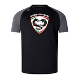 The Loudoun Elite Training Tee by WRS Canterbury is a black and gray rugby jersey showcasing a dragon emblem and "Loudoun County Rugby" text on the chest, designed with Vapodri fabrics for optimal performance.