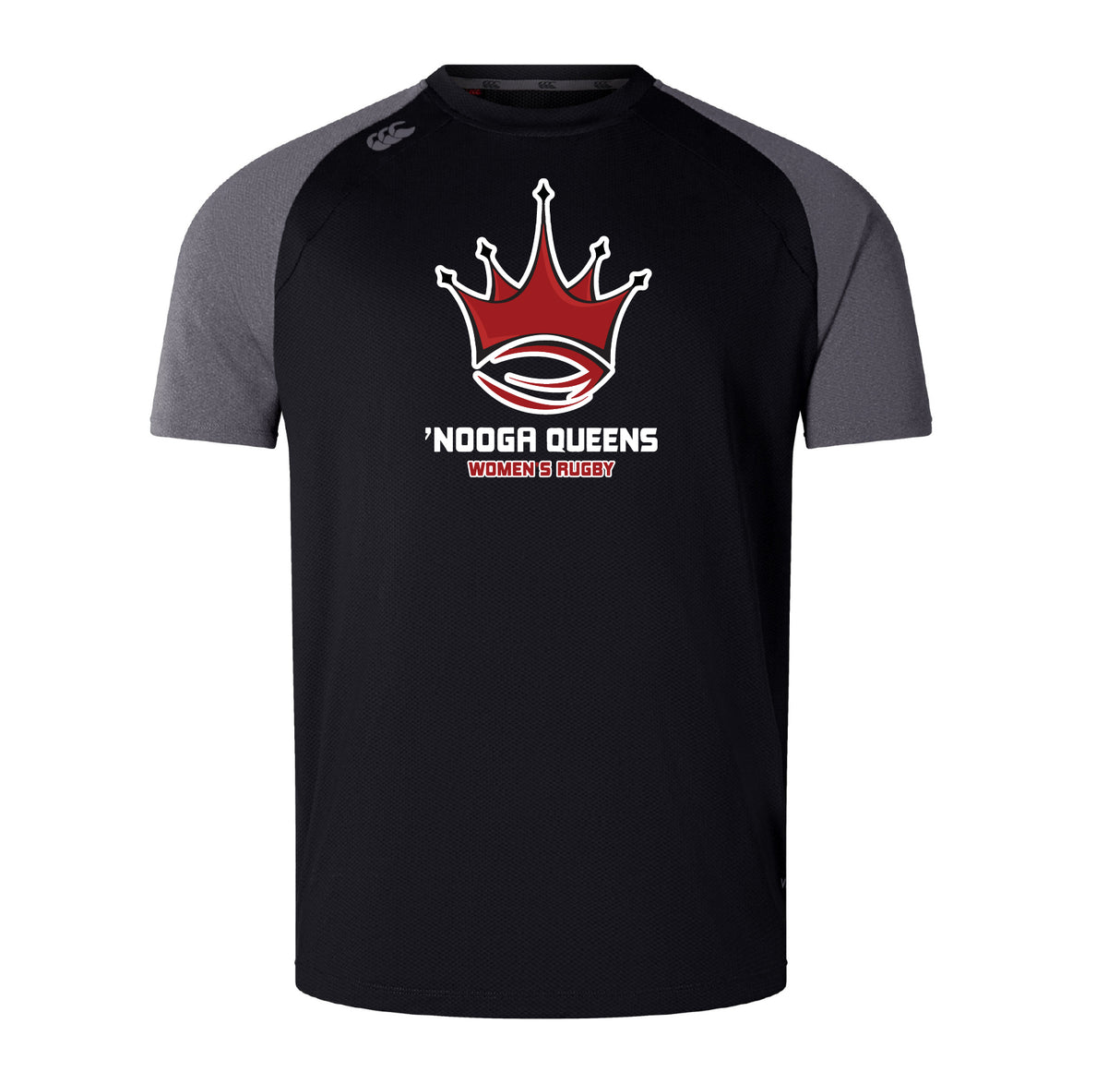 The Chattanooga Queens Rugby Elite Training Tee by WRS Canterbury is a black and gray short-sleeve athletic shirt with Vapodri fabric, a red crown logo, and "'Nooga Queens Women's Rugby" text—ideal for active wear.