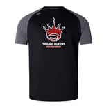 The Chattanooga Queens Rugby Elite Training Tee by WRS Canterbury is a black and gray short-sleeve athletic shirt with Vapodri fabric, a red crown logo, and "'Nooga Queens Women's Rugby" text—ideal for active wear.