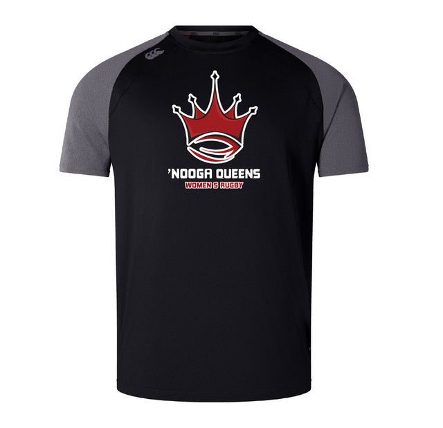 The Chattanooga Queens Rugby Elite Training Tee by WRS Canterbury is a black and gray short-sleeve athletic shirt with Vapodri fabric, a red crown logo, and "'Nooga Queens Women's Rugby" text—ideal for active wear.