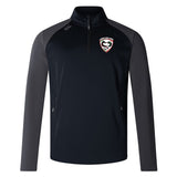 The Loudoun Women's Elite First Layer by EMB Canterbury is a black and gray sports jacket made from honeycomb fabric, featuring a quarter-zip and the Elite First Layer logo on the left chest.