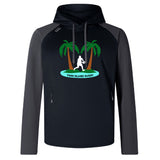 The Twin Island Rugby Elite Training Hoody by WRS Canterbury features black and gray colors, a rugby player silhouette, palm trees, and "Twin Island Rugby" text—ideal for fans of premium sportswear.