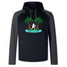 The Twin Island Rugby Elite Training Hoody by WRS Canterbury features black and gray colors, a rugby player silhouette, palm trees, and "Twin Island Rugby" text—ideal for fans of premium sportswear.