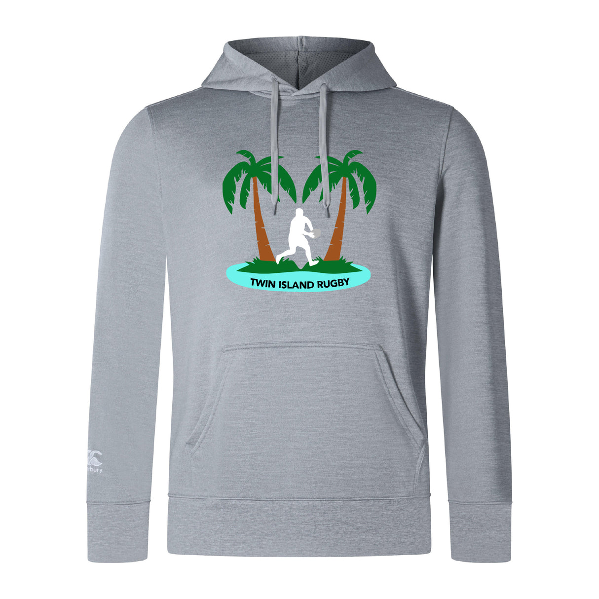 The Twin Island Rugby Club Lightweight Hoodie by WRS Canterbury features a gray design with two palm trees, a rugby player silhouette, "TWIN ISLAND RUGBY" text on the front, and a classic kangaroo pocket for comfort.