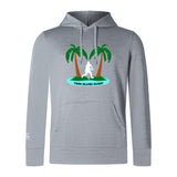The Twin Island Rugby Club Lightweight Hoodie by WRS Canterbury features a gray design with two palm trees, a rugby player silhouette, "TWIN ISLAND RUGBY" text on the front, and a classic kangaroo pocket for comfort.