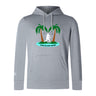 The Twin Island Rugby Club Lightweight Hoodie by WRS Canterbury features a gray design with two palm trees, a rugby player silhouette, "TWIN ISLAND RUGBY" text on the front, and a classic kangaroo pocket for comfort.