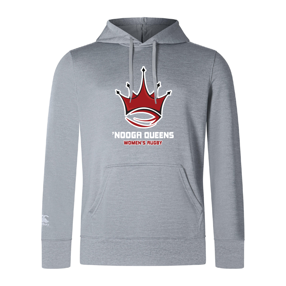 The WRS Canterbury Chattanooga Queens Rugby Club Lightweight Hoodie features a red and white crown with a rugby ball, "'NOOGA QUEENS WOMEN'S RUGBY" on the front, light gray fabric, and a cozy kangaroo pocket for comfort.