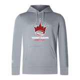 The WRS Canterbury Chattanooga Queens Rugby Club Lightweight Hoodie features a red and white crown with a rugby ball, "'NOOGA QUEENS WOMEN'S RUGBY" on the front, light gray fabric, and a cozy kangaroo pocket for comfort.