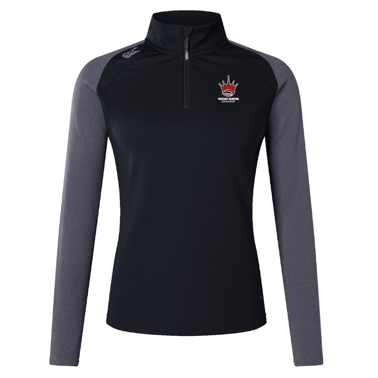 The Chattanooga Queens Rugby Women's Elite First Layer by EMB Canterbury is a black and gray long-sleeve quarter-zip top with an embroidered crown and "Royal Stage" logo, featuring VapoDri tech for optimal training comfort.