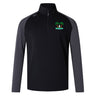 The EMB Canterbury Twin Island Rugby Women's Elite First Layer is a black and gray long-sleeve athletic pullover with a quarter zip, VapoDri moisture-wicking tech, and a palm tree and canoe logo on the left chest.
