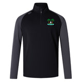 The EMB Canterbury Twin Island Rugby Elite First Layer is a black and dark gray long-sleeve quarter-zip pullover with a small palm tree and surfboard logo, designed by Canterbury for quick-drying performance on and off the field.