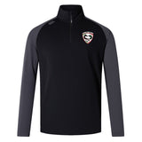 The Loudoun Elite 1/4 Zip Top by EMB Canterbury blends performance and comfort, featuring a striking black and gray design with a quarter-zip and an embroidered red dragon logo on the chest, made from eco-friendlier materials.
