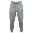 The Twin Island Rugby Leisure Sweatpant by EMB Canterbury is a light grey sweatpant made from sustainable fleece, with a drawstring waist, white logo on the left thigh, and a palm tree graphic on the right thigh.