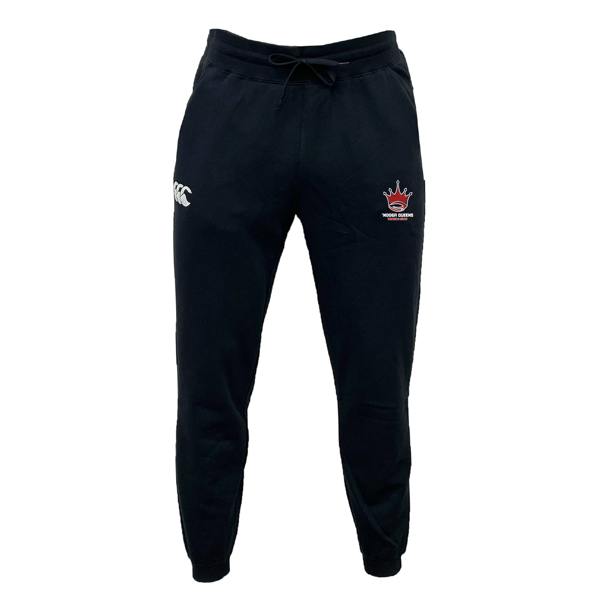 The Chattanooga Queens Rugby Leisure Sweatpant by EMB Canterbury features a drawstring waist, recycled polyester fleece fabric, and white logos on both thighs.