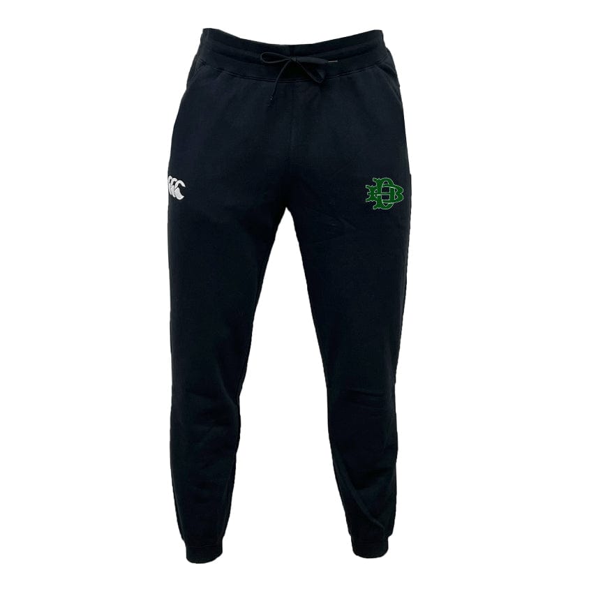 The Denver Barbarians Leisure Sweatpant by EMB Canterbury is crafted from sustainable materials and features a drawstring waist, along with stylish white and green logo designs on the front.