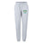 The Twin Island Rugby Women's Leisure Sweatpant by EMB Canterbury features a light gray color, drawstring waist, and embroidered twin palm trees on a small island on the left upper thigh.