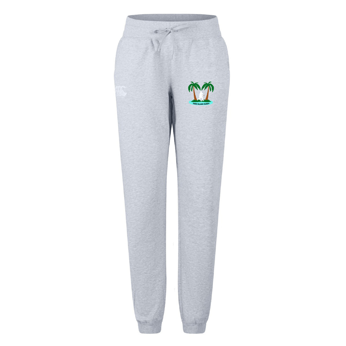 The Twin Island Rugby Women's Leisure Sweatpant by EMB Canterbury features a light gray color, drawstring waist, and embroidered twin palm trees on a small island on the left upper thigh.