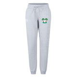 The Twin Island Rugby Women's Leisure Sweatpant by EMB Canterbury features a light gray color, drawstring waist, and embroidered twin palm trees on a small island on the left upper thigh.