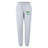The Twin Island Rugby Women's Leisure Sweatpant by EMB Canterbury features a light gray color, drawstring waist, and embroidered twin palm trees on a small island on the left upper thigh.