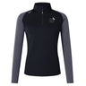 The Puget Sound Rugby Women's Elite First Layer by EMB Canterbury is a long-sleeve athletic top, featuring a quarter-zip and two-tone design with a logo on the chest, made from recycled polyester for sustainability.