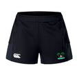 The EMB Canterbury Twin Island Rugby Women's Advantage Short 2.0 features a white logo on the left and a palm tree with surfer emblem on the right, offering sustainable athletic performance and style.