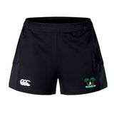 The EMB Canterbury Twin Island Rugby Women's Advantage Short 2.0 features a white logo on the left and a palm tree with surfer emblem on the right, offering sustainable athletic performance and style.