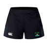 The EMB Canterbury Twin Island Rugby Women's Advantage Short 2.0 features a white logo on the left and a palm tree with surfer emblem on the right, offering sustainable athletic performance and style.