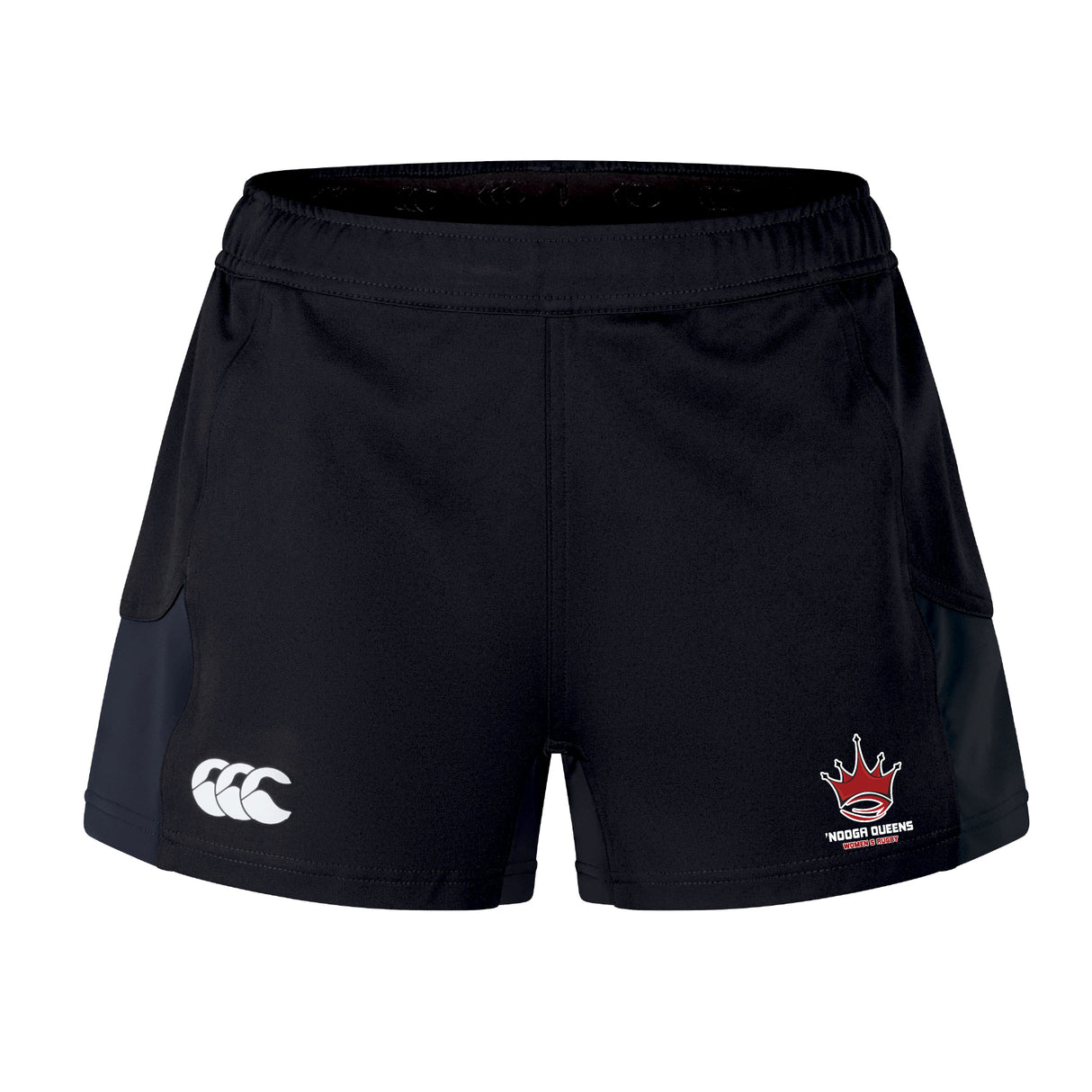 The EMB Canterbury Chattanooga Queens Rugby Women's Advantage Short 2.0 features black recycled fabric, a white Canterbury logo on the left leg, and a red crown with text on the right—blending comfort and sporty style for active days.