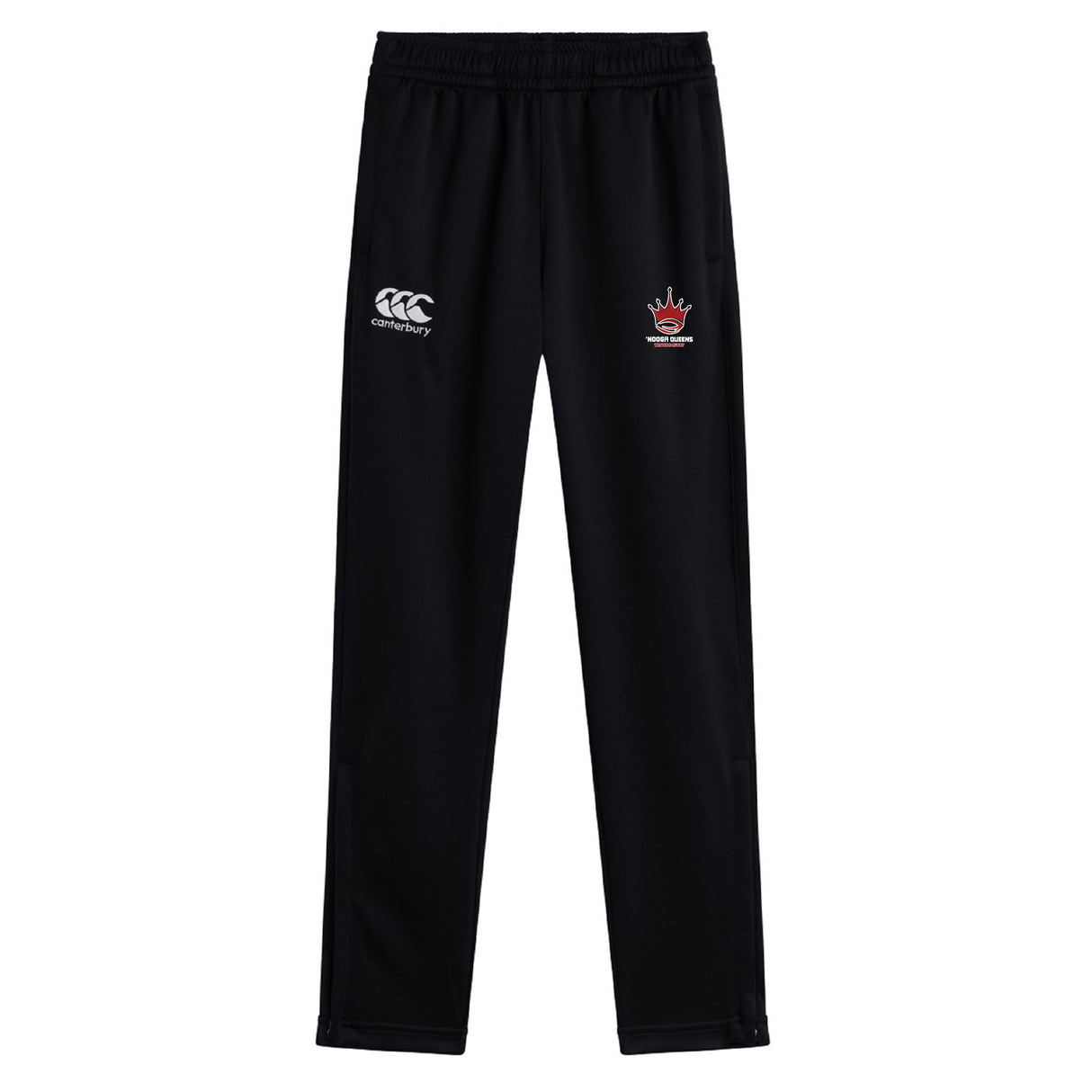 The Chattanooga Queens Rugby Stretch Tapered Pant by EMB Canterbury features an elastic waistband, white Canterbury logo on the left, and red and white crown emblem on the right—ideal men’s workout pants for comfort and style.