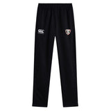 Loudoun Stretch Tapered Pant by EMB Canterbury, featuring an elastic waistband, includes logos on both the left and right thighs.