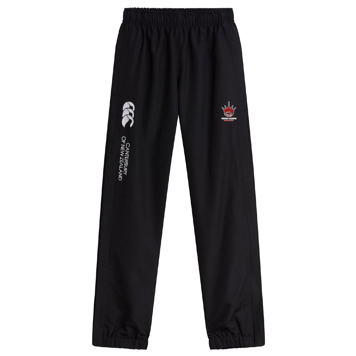 The Chattanooga Queens Rugby Cuffed Hem Stadium Pant by EMB Canterbury features a black design with elastic waistband, cuffed hem, white Canterbury logo/text on the left leg, and a red/white crown emblem on the right—perfect for sport or casual wear.