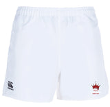 The Chattanooga Queens Rugby Advantage Rugby Shorts by Canterbury feature an elastic waistband, the EMB Canterbury logo on the left leg, and a red crown logo with text on the right leg. Ideal for rugby training or casual wear.