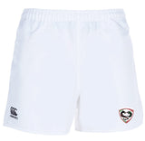 The Loudoun Advantage Short 2.0 by EMB Canterbury are white performance shorts made from recycled materials for sustainable sportswear, featuring a logo on the right side and the Canterbury brand logo on the left.