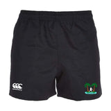 The Twin Island Rugby Professional Polyester Rugby Short by EMB Canterbury features an elastic waistband, Canterbury logo on the left leg, and a palm tree logo with text on the right—perfect for athletic performance.