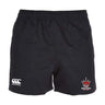 The Chattanooga Queens Rugby Professional Polyester Rugby Shorts by EMB Canterbury feature a white logo on the left leg and a red crown with "NOOSA QUEENS" on the right—durable and perfect for training or matches.