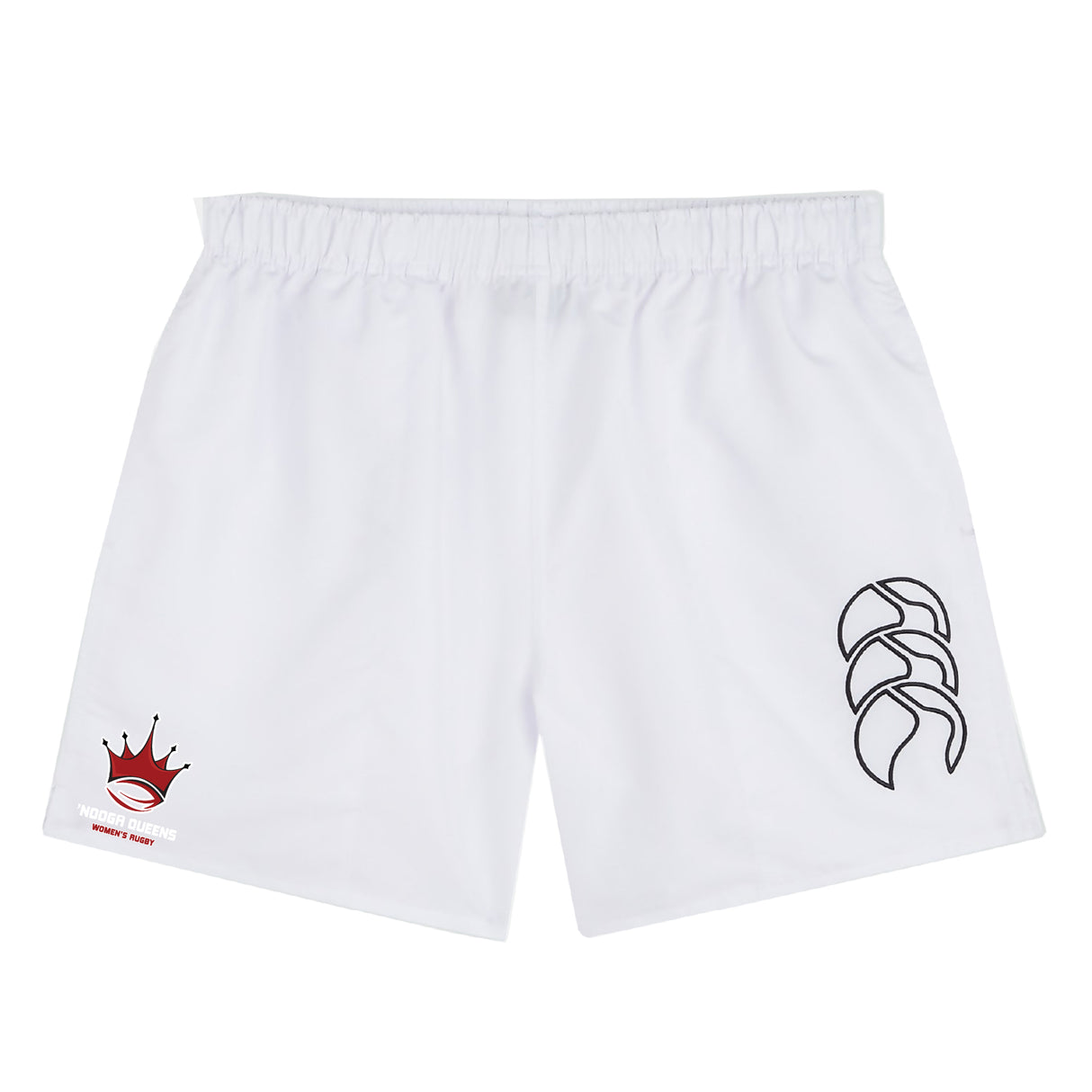 The Chattanooga Queens Rugby Tactic Short by EMB Canterbury features an elastic waistband, a black abstract logo on the right leg, and a red crown logo with text on the left—ideal men's gym or rugby training shorts.