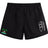 The Twin Island Rugby Tactic Short by EMB Canterbury features black swim trunks with an elastic waistband, a white abstract logo on the right leg, and a palm tree with surfer graphic on the left—perfect as gym or casual shorts.