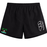 The Twin Island Rugby Tactic Short by EMB Canterbury features black swim trunks with an elastic waistband, a white abstract logo on the right leg, and a palm tree with surfer graphic on the left—perfect as gym or casual shorts.