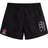 The Chattanooga Queens Rugby Tactic Short by EMB Canterbury is a pair of black men's gym shorts with a crown and basketball logo on the left leg and a white abstract design on the right.