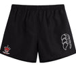 The Chattanooga Queens Rugby Tactic Short by EMB Canterbury is a pair of black men's gym shorts with a crown and basketball logo on the left leg and a white abstract design on the right.
