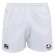 The Loudoun Professional Polyester Rugby Shorts by EMB Canterbury are made from polyester and showcase striking black and red logos on the front, offering a sleek athletic appearance.