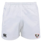 The Loudoun Professional Polyester Rugby Shorts by EMB Canterbury are made from polyester and showcase striking black and red logos on the front, offering a sleek athletic appearance.