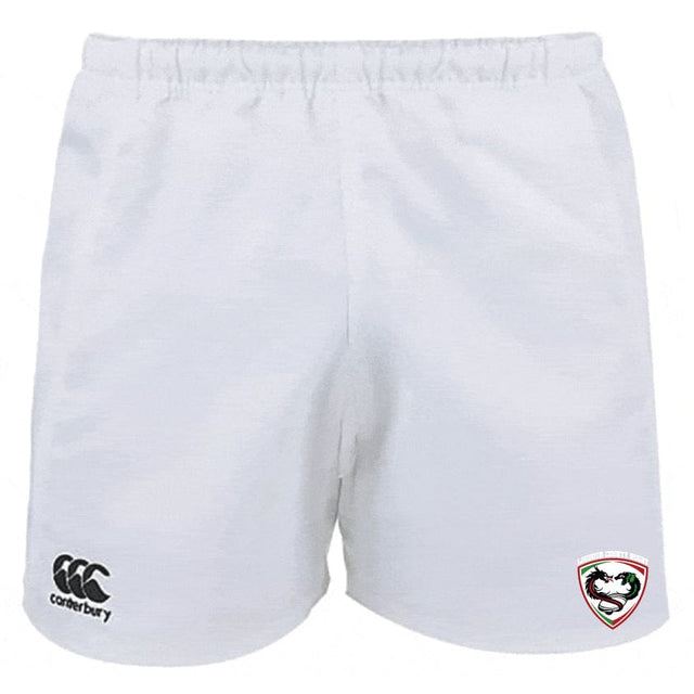 The Loudoun Professional Polyester Rugby Shorts by EMB Canterbury are made from polyester and showcase striking black and red logos on the front, offering a sleek athletic appearance.