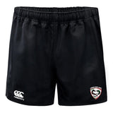 The Loudoun Advantage Rugby Shorts by EMB Canterbury are black with an elastic waistband, featuring Canterbury's signature moisture-wicking technology and the iconic Leicester Tigers logos.